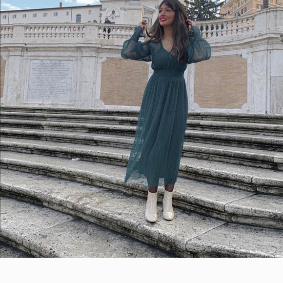 Zara Green Long Sleeve Dress Weddings Slip Sheer Midi Gorgeous Deep Green Small - Picture 2 of 16